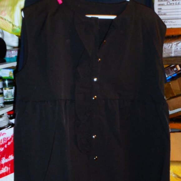 NEW FRIFUL BLACK COTTON SILVER BUTTONS DOWN FRONT SLEEVELESS BLOUSE-SZ LARGE - Picture 2 of 4
